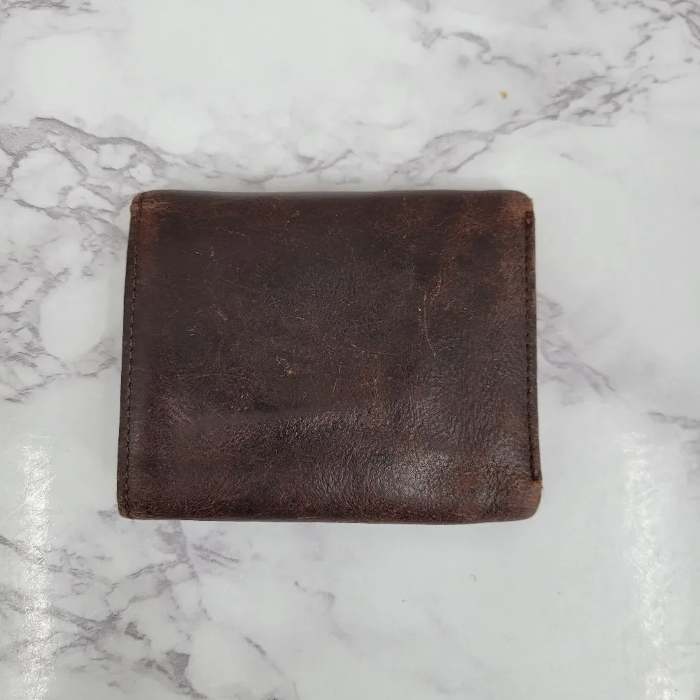 Faded Glory Vintage Brown Leather Wallet with Crest Dueling Dragons Embossed